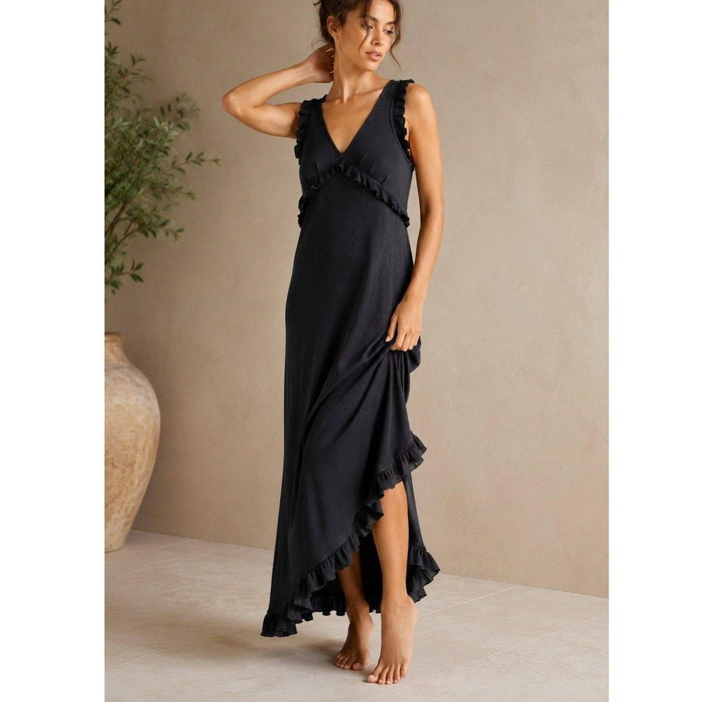 Anthropologie Maxi Dress Women XL Black Ribbed Ruffle Halter Boho Romantic